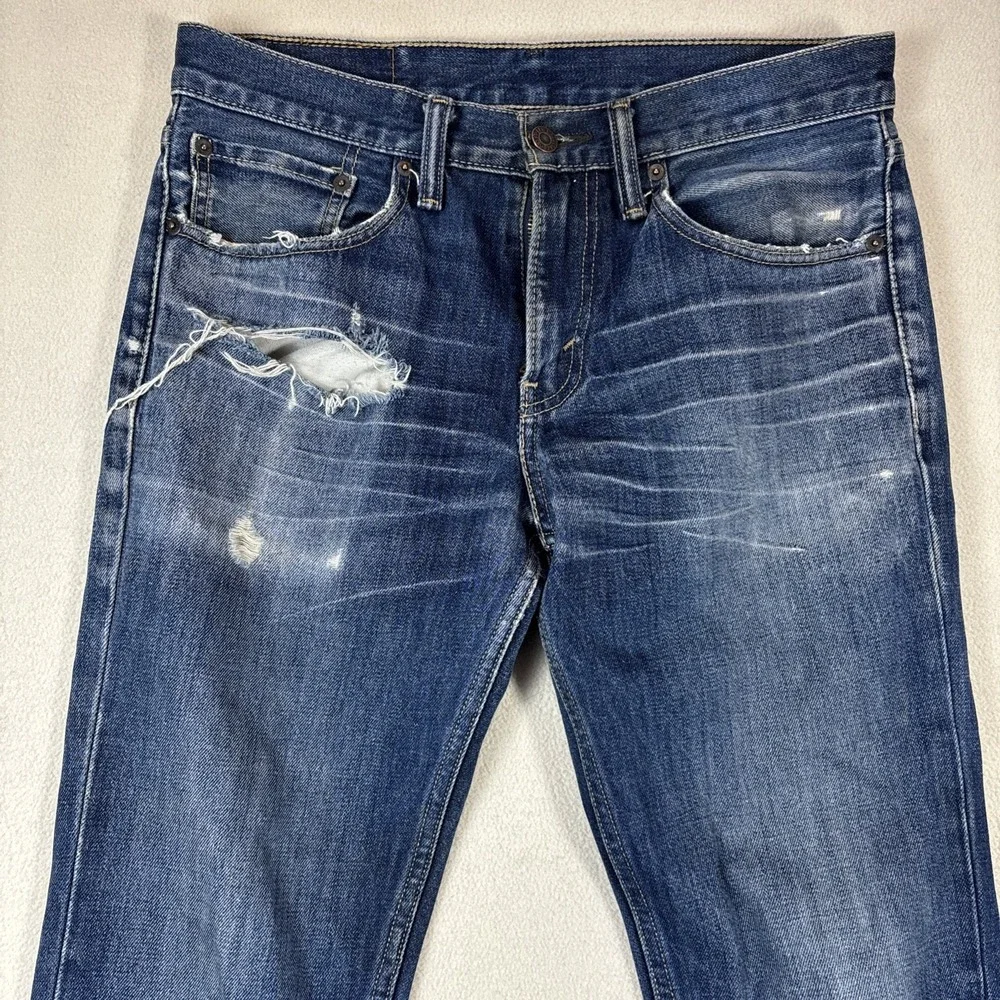 Levis 511 Jeans Mens 31x32 Blue Denim Low Rise Slim Distressed Whiskering Thrash
